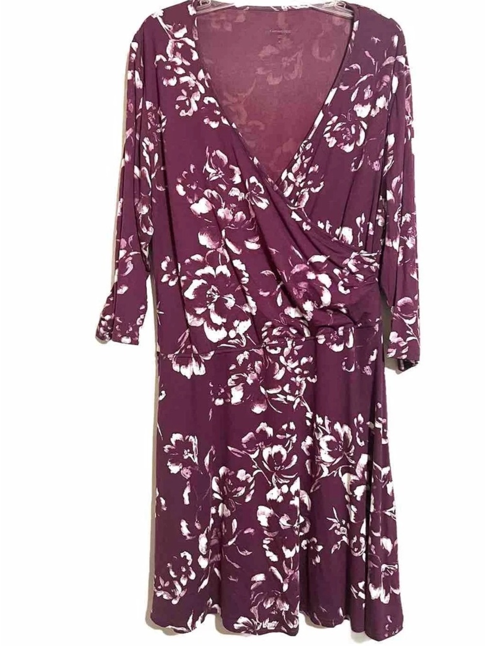 Garnet Hill Brianna Knit Dress Womens XL Burgundy Floral Faux Wrap